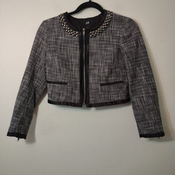 H & M Black & White Tweed & Stud Crop Blazer 6